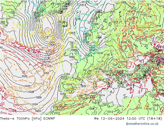 Theta-e 700hPa ECMWF We 12.06.2024 12 UTC