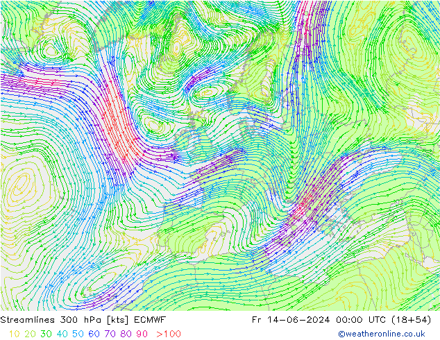 Linia prądu 300 hPa ECMWF pt. 14.06.2024 00 UTC