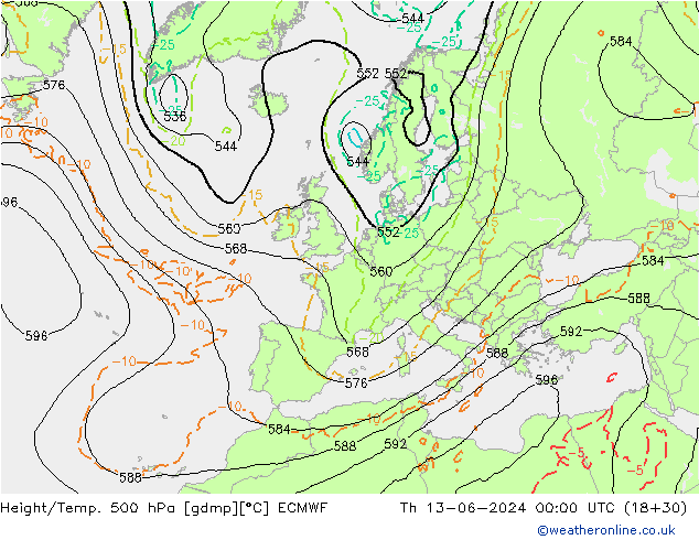 Z500/Rain (+SLP)/Z850 ECMWF Čt 13.06.2024 00 UTC