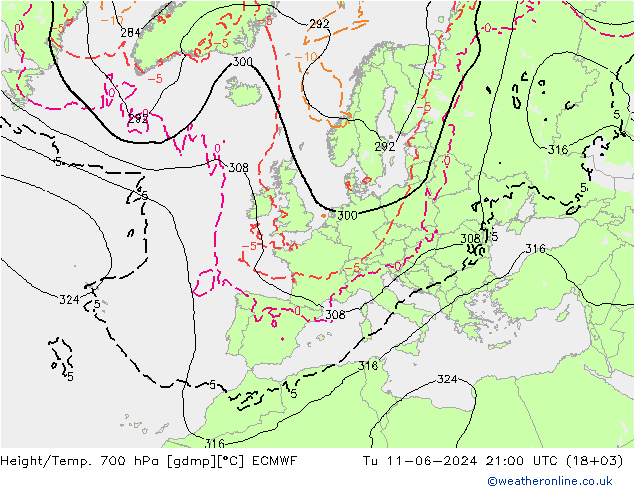 Geop./Temp. 700 hPa ECMWF mar 11.06.2024 21 UTC