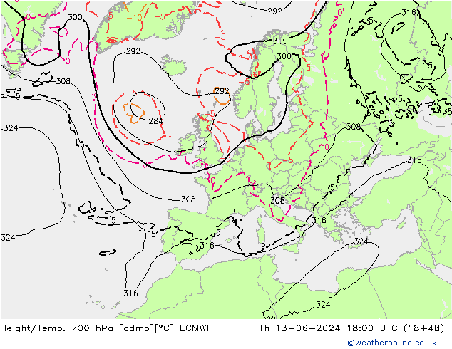 Height/Temp. 700 гПа ECMWF чт 13.06.2024 18 UTC