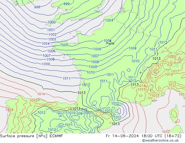 Surface pressure ECMWF Fr 14.06.2024 18 UTC