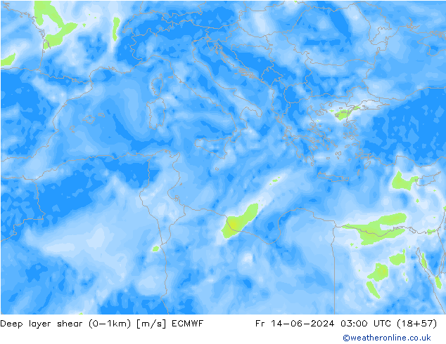 Deep layer shear (0-1km) ECMWF Fr 14.06.2024 03 UTC