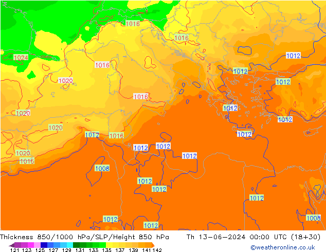 Dikte 850-1000 hPa ECMWF do 13.06.2024 00 UTC