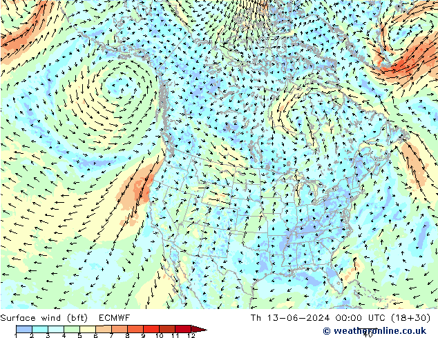 Rüzgar 10 m (bft) ECMWF Per 13.06.2024 00 UTC
