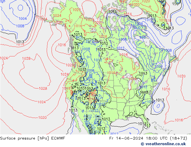 Presión superficial ECMWF vie 14.06.2024 18 UTC