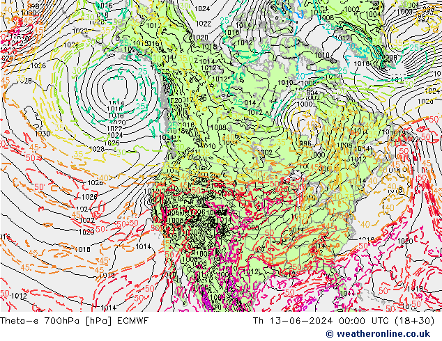 Theta-e 700hPa ECMWF Čt 13.06.2024 00 UTC