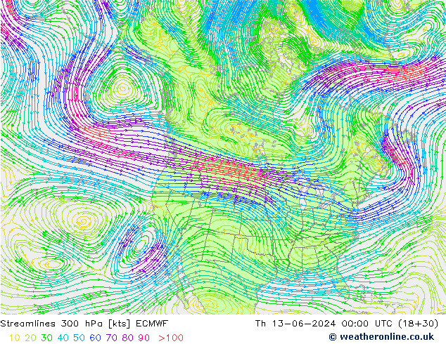 Linia prądu 300 hPa ECMWF czw. 13.06.2024 00 UTC