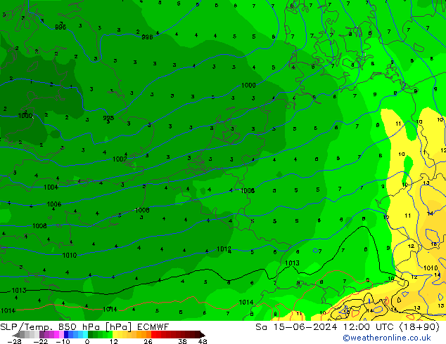 SLP/Temp. 850 hPa ECMWF Sa 15.06.2024 12 UTC