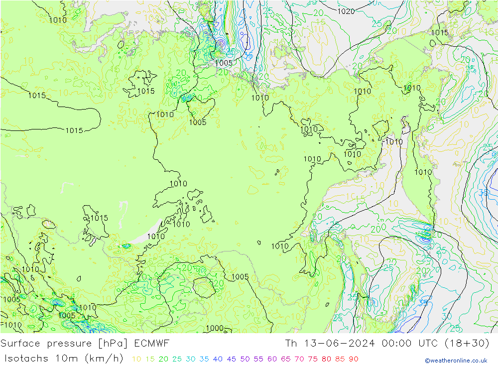 Isotachs (kph) ECMWF gio 13.06.2024 00 UTC