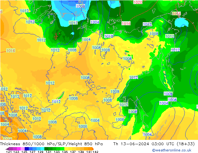 Espesor 850-1000 hPa ECMWF jue 13.06.2024 03 UTC