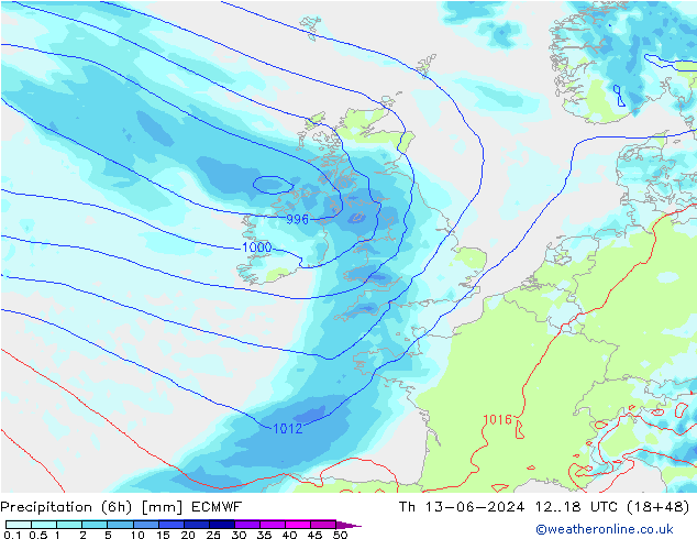 Z500/Rain (+SLP)/Z850 ECMWF czw. 13.06.2024 18 UTC