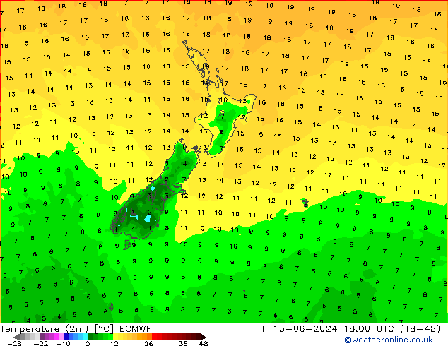 Temperaturkarte (2m) ECMWF Do 13.06.2024 18 UTC