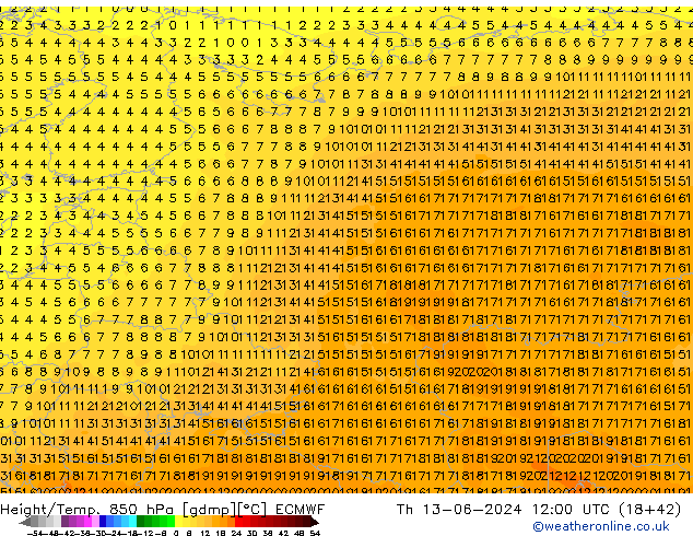 Height/Temp. 850 hPa ECMWF Qui 13.06.2024 12 UTC