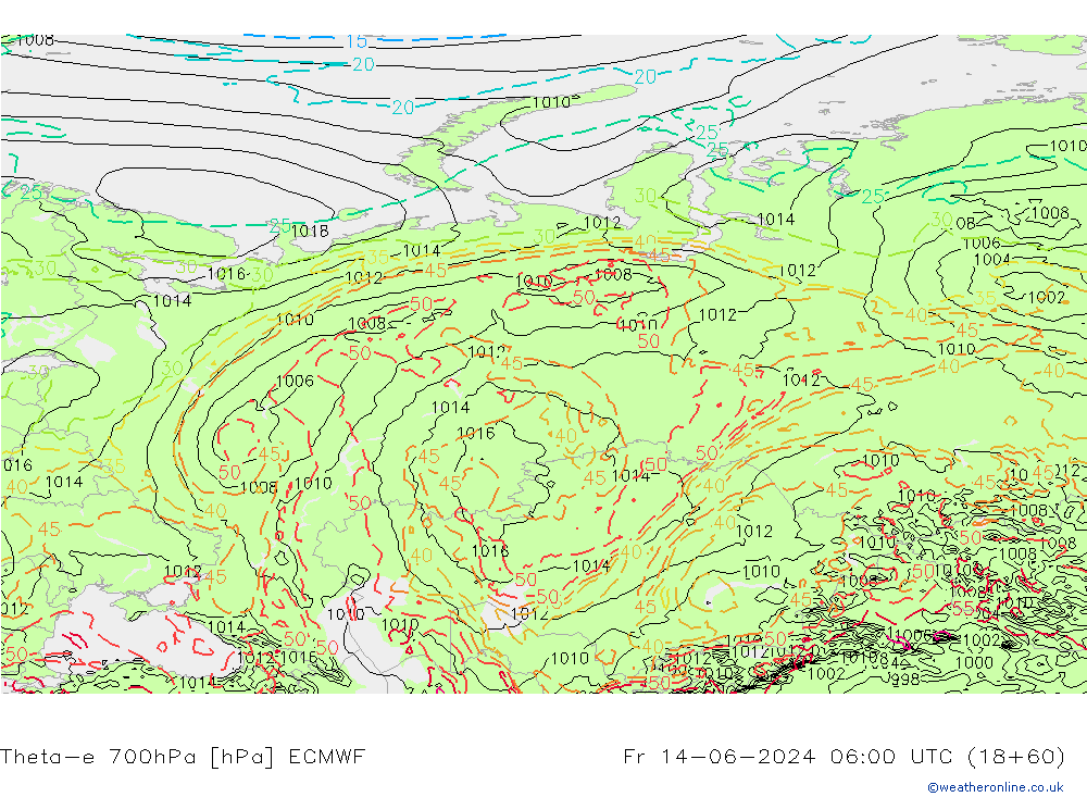 Theta-e 700hPa ECMWF Pá 14.06.2024 06 UTC