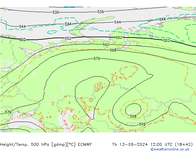 Z500/Rain (+SLP)/Z850 ECMWF Th 13.06.2024 12 UTC