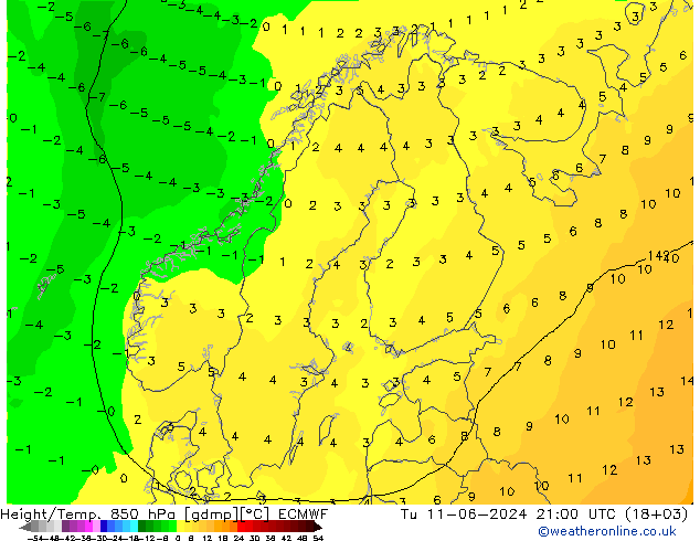 Height/Temp. 850 hPa ECMWF Út 11.06.2024 21 UTC