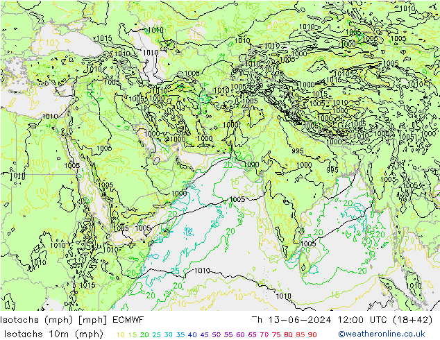 Izotacha (mph) ECMWF czw. 13.06.2024 12 UTC