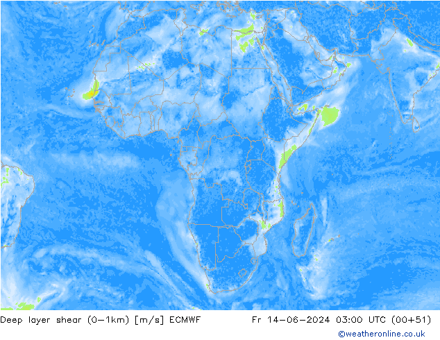 Deep layer shear (0-1km) ECMWF Fr 14.06.2024 03 UTC