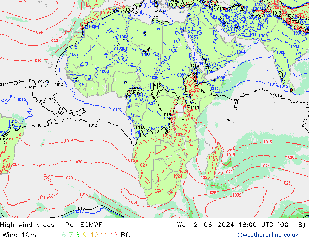 High wind areas ECMWF mié 12.06.2024 18 UTC