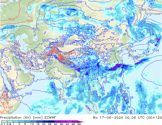 Totale neerslag (6h) ECMWF ma 17.06.2024 06 UTC