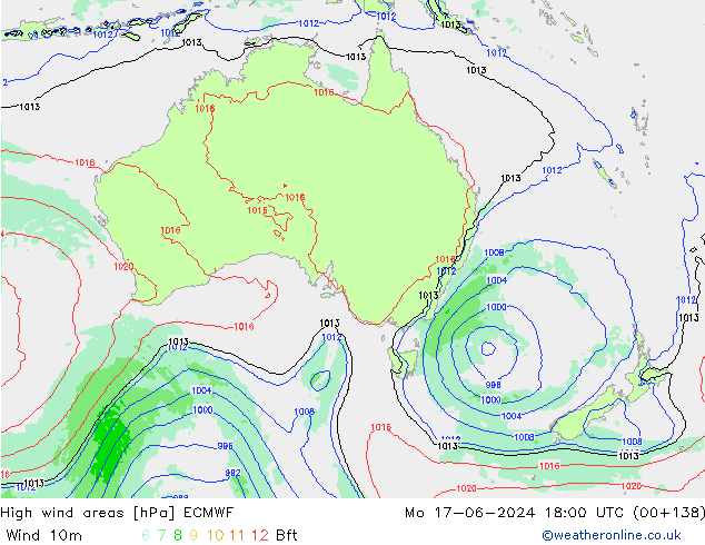 High wind areas ECMWF lun 17.06.2024 18 UTC
