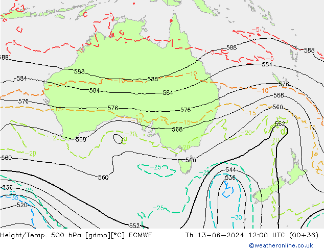 Height/Temp. 500 hPa ECMWF czw. 13.06.2024 12 UTC