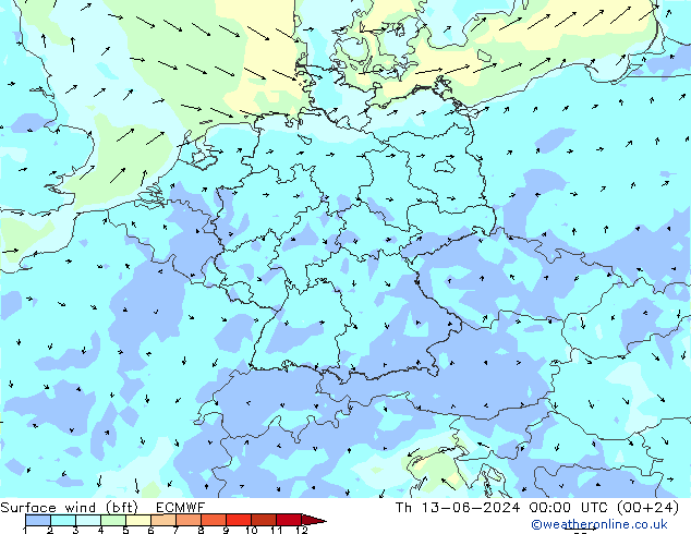 wiatr 10 m (bft) ECMWF czw. 13.06.2024 00 UTC