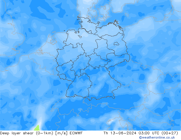 Deep layer shear (0-1km) ECMWF gio 13.06.2024 03 UTC