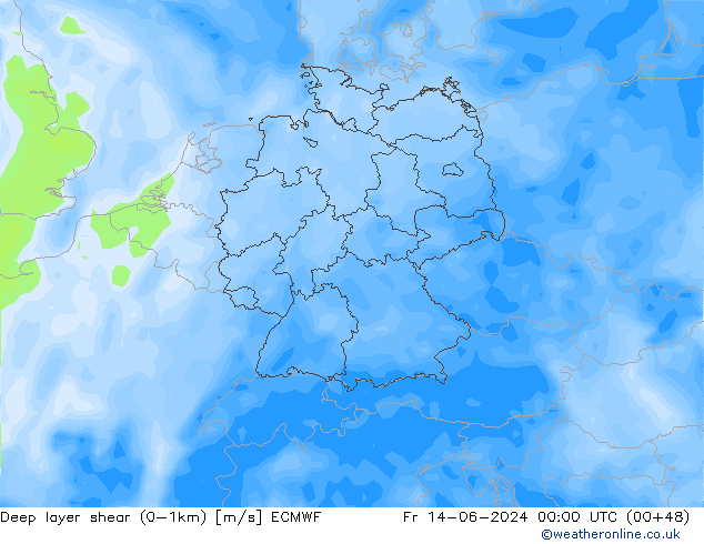 Deep layer shear (0-1km) ECMWF vr 14.06.2024 00 UTC