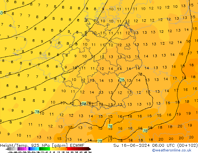 Height/Temp. 925 hPa ECMWF Ne 16.06.2024 06 UTC