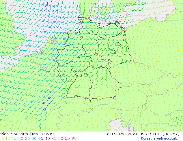 Wind 950 hPa ECMWF Pá 14.06.2024 09 UTC