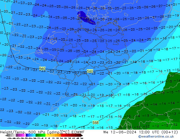 Z500/Yağmur (+YB)/Z850 ECMWF Çar 12.06.2024 12 UTC