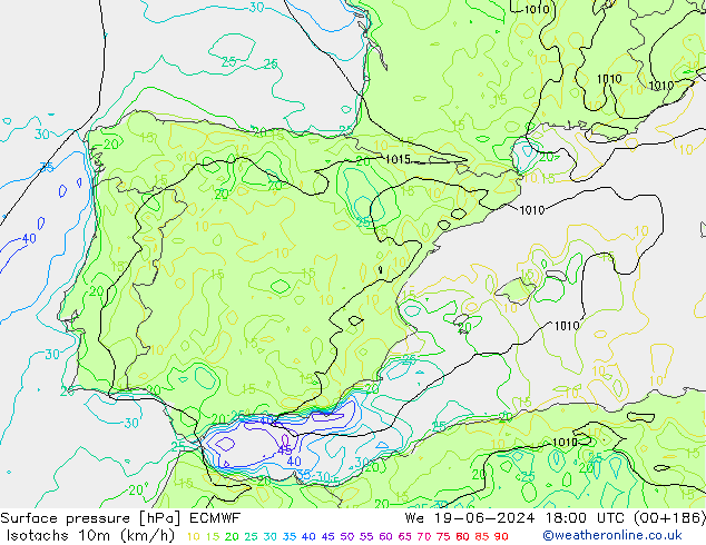 Isotachs (kph) ECMWF ср 19.06.2024 18 UTC