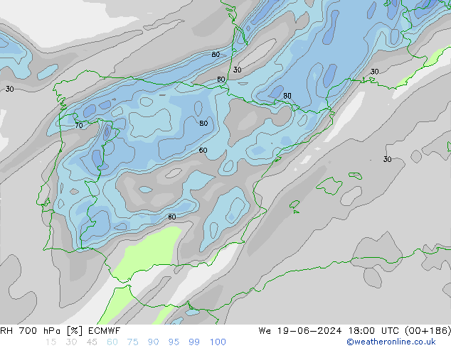 RH 700 гПа ECMWF ср 19.06.2024 18 UTC