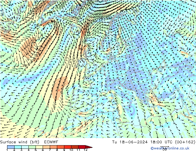 Surface wind (bft) ECMWF Tu 18.06.2024 18 UTC