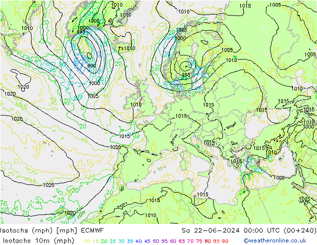 Isotachen (mph) ECMWF Sa 22.06.2024 00 UTC