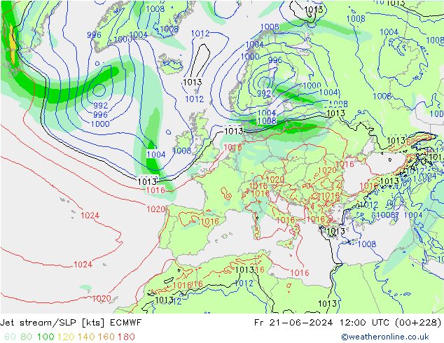 Jet stream/SLP ECMWF Fr 21.06.2024 12 UTC