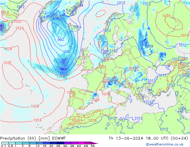 Precipitazione (6h) ECMWF gio 13.06.2024 00 UTC