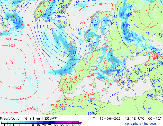 Z500/Rain (+SLP)/Z850 ECMWF чт 13.06.2024 18 UTC