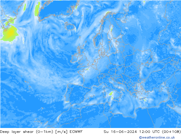 Deep layer shear (0-1km) ECMWF Su 16.06.2024 12 UTC