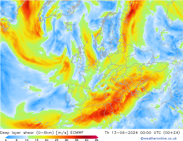 Deep layer shear (0-6km) ECMWF Per 13.06.2024 00 UTC