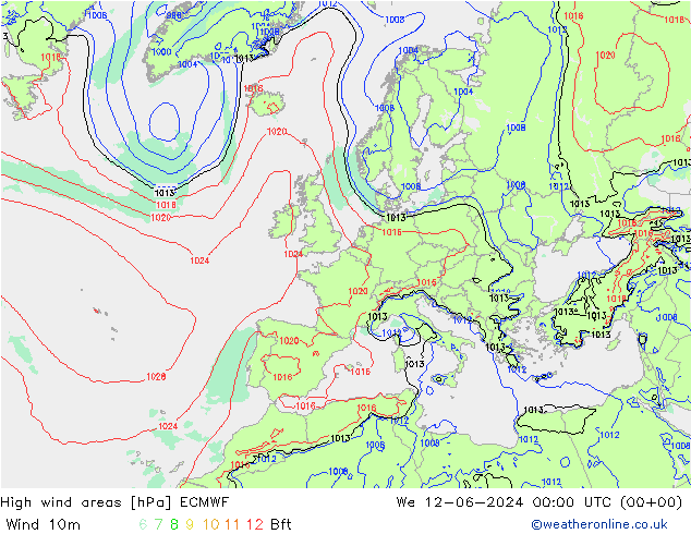 High wind areas ECMWF mer 12.06.2024 00 UTC