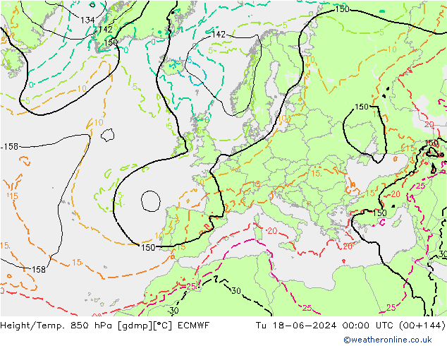 Hoogte/Temp. 850 hPa ECMWF di 18.06.2024 00 UTC