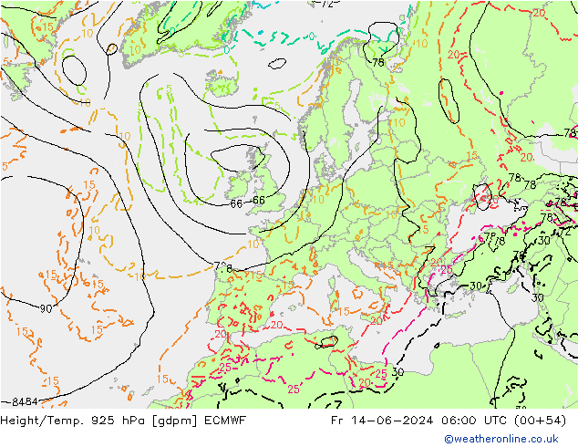 Height/Temp. 925 hPa ECMWF Fr 14.06.2024 06 UTC