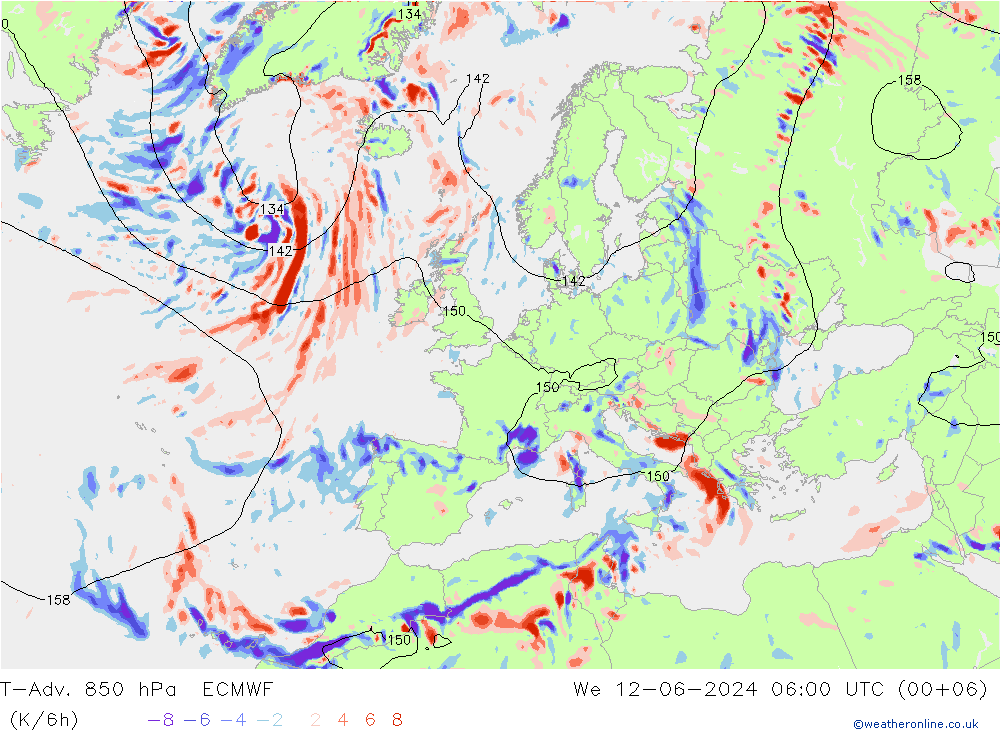 T-Adv. 850 hPa ECMWF 星期三 12.06.2024 06 UTC