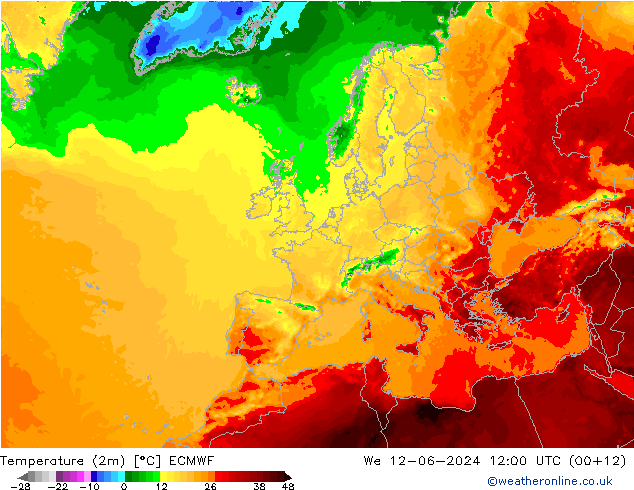 Temperatura (2m) ECMWF mer 12.06.2024 12 UTC