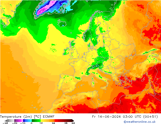 Temperatuurkaart (2m) ECMWF vr 14.06.2024 03 UTC