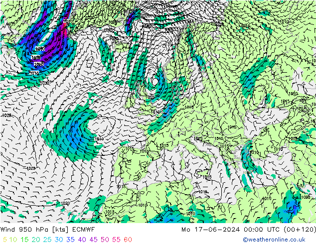 Wind 950 hPa ECMWF Mo 17.06.2024 00 UTC