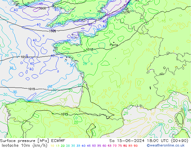 Eşrüzgar Hızları (km/sa) ECMWF Cts 15.06.2024 18 UTC